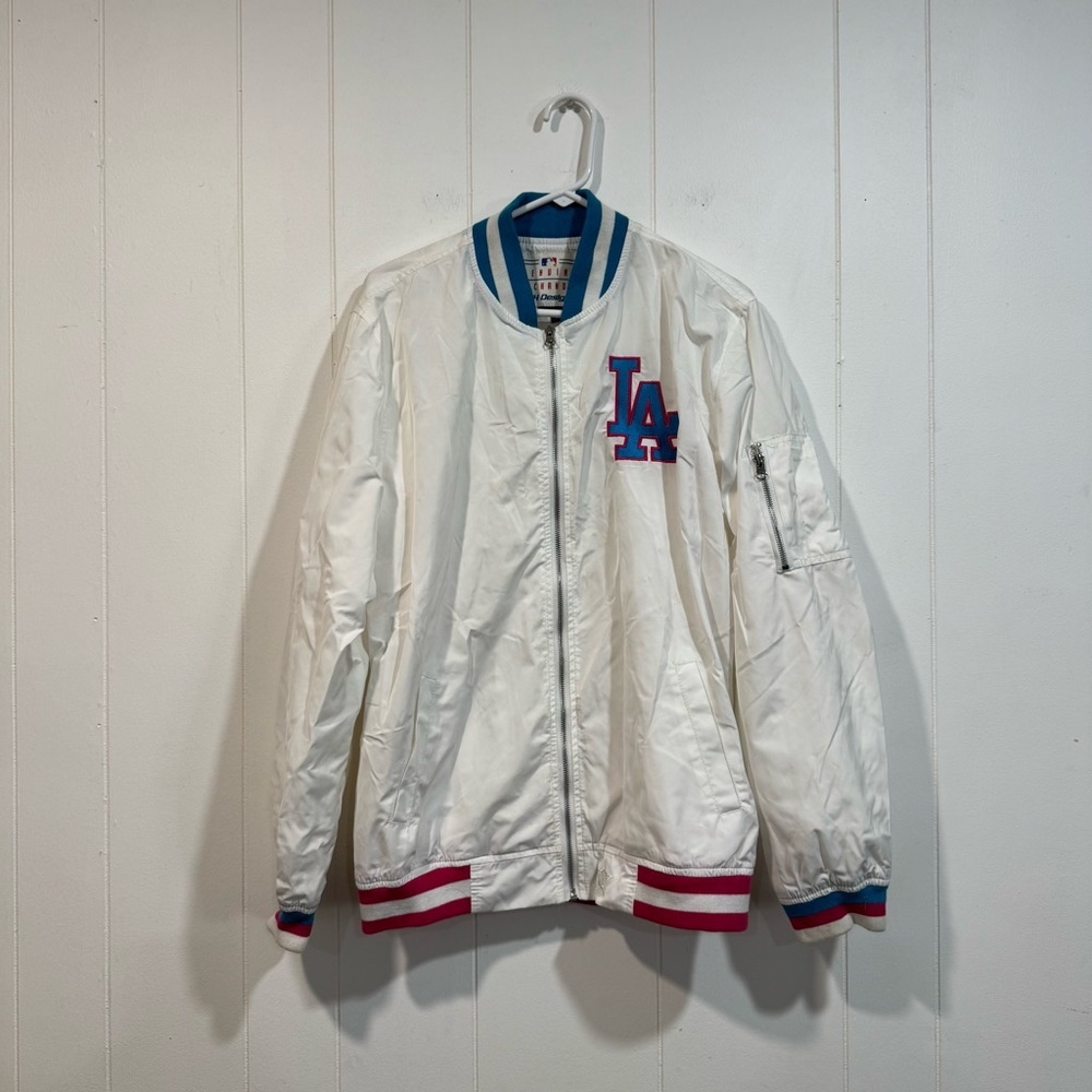 Vintage JH Designs LA Dodgers White Pink Blue Bomber Jacket XL